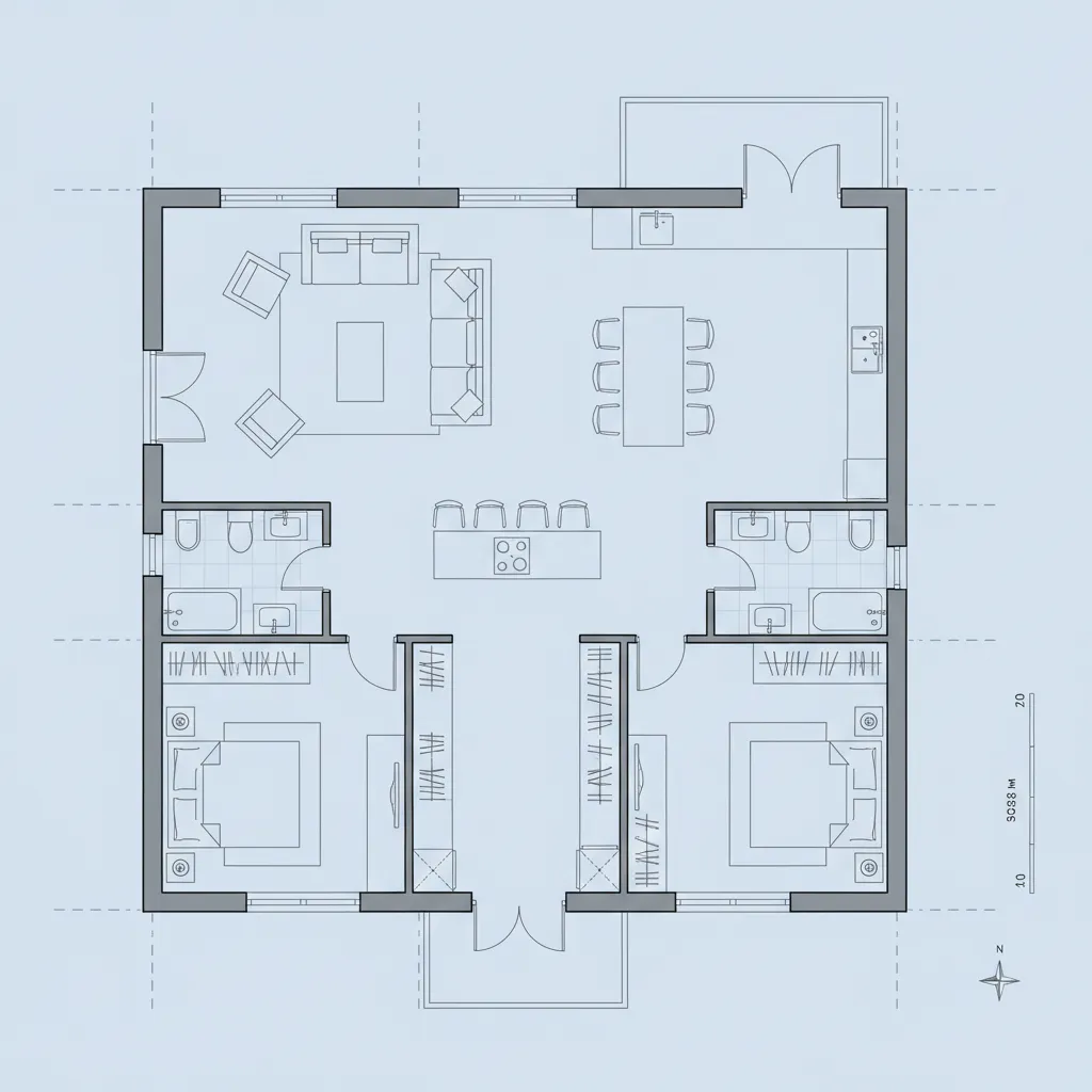 Two bedroom house floor plan showing living room, dining area, kitchen island, and two bathrooms
