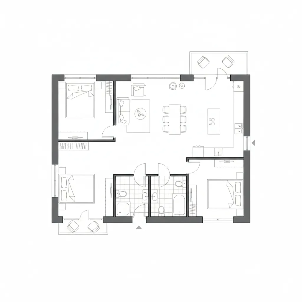Plano arquitectónico de una casa de 120 metros cuadrados con tres dormitorios