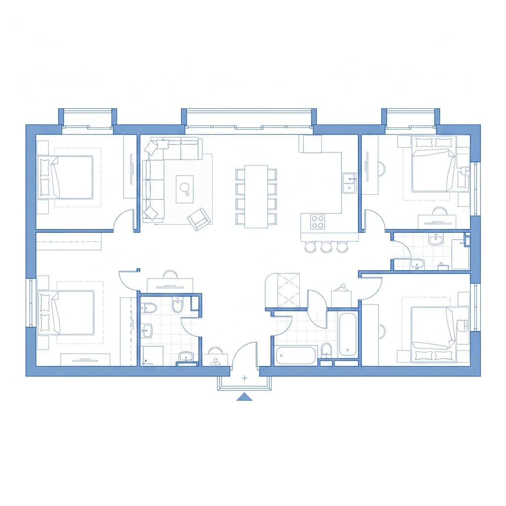 Blue floor plan layout showing a four bedroom apartment with living room and kitchen area