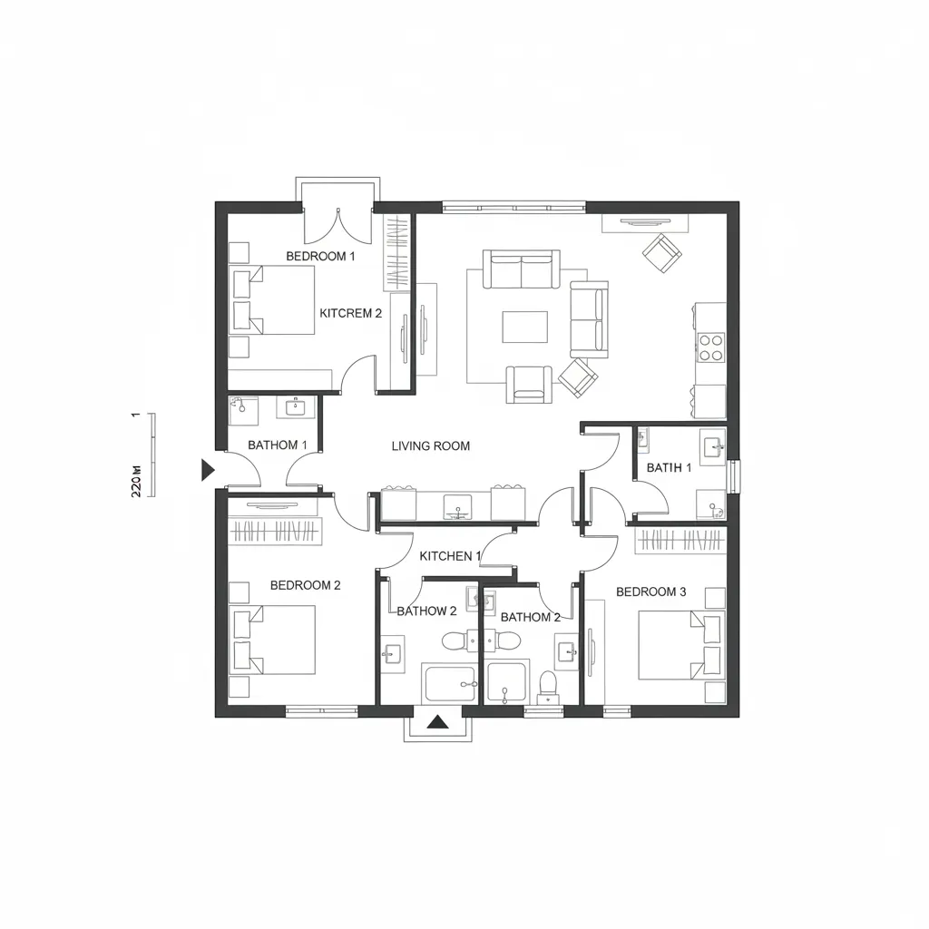 Plano arquitectónico de una casa de 120 metros cuadrados con tres dormitorios y áreas sociales