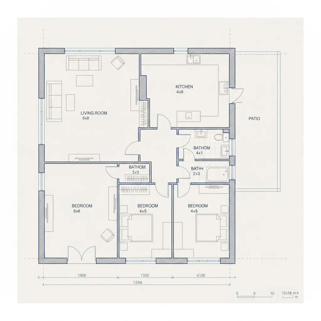 Blue line 2D floor plan layout showing three bedrooms two bathrooms kitchen and a patio