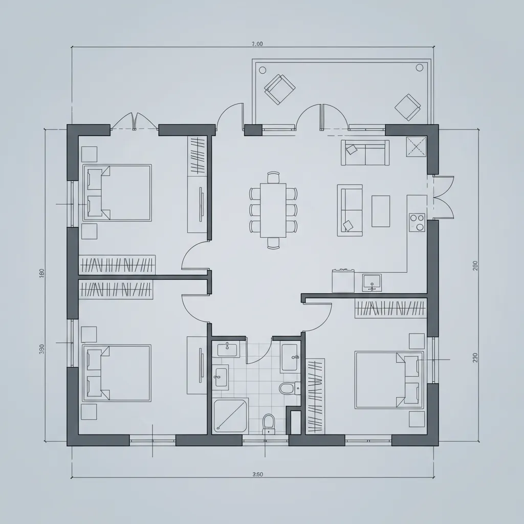 Plano arquitectónico de una casa de 130 metros cuadrados con tres dormitorios