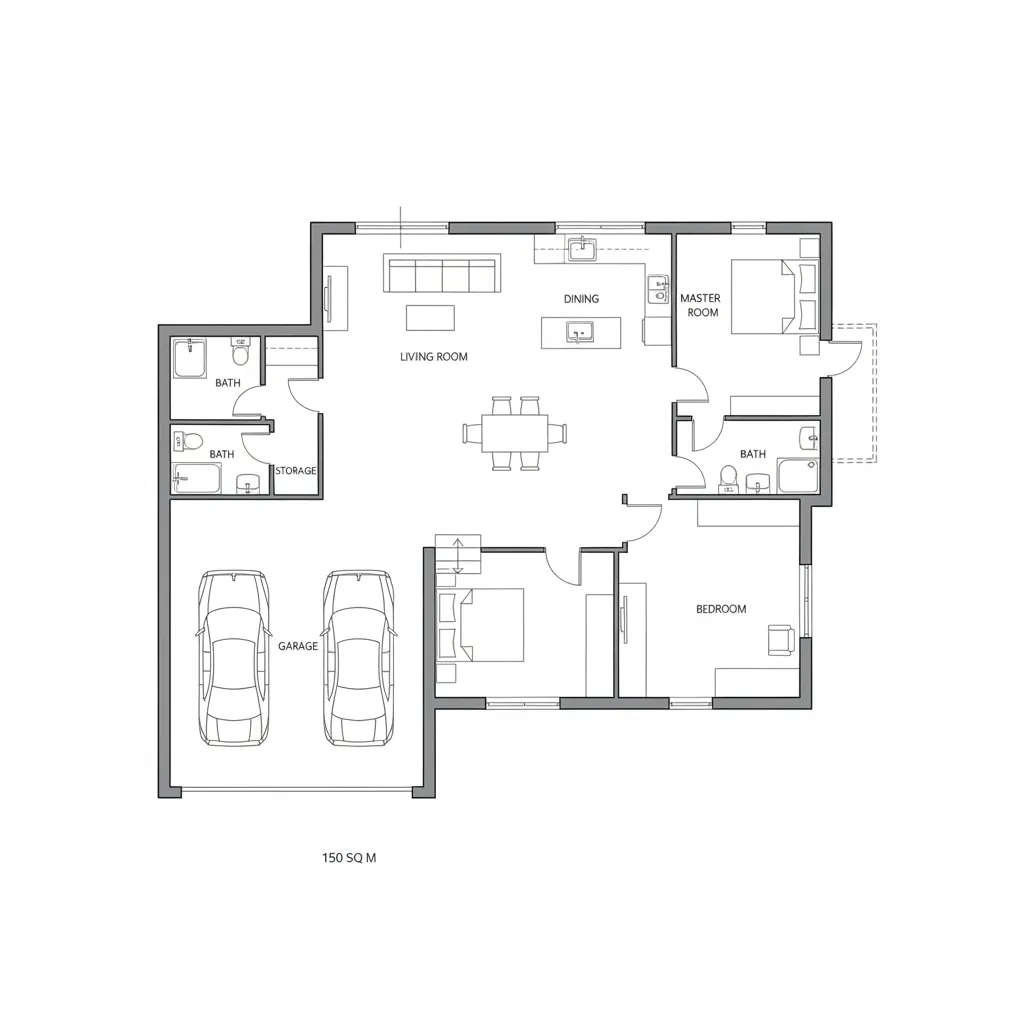 Plano arquitectónico de una casa de 150 m2 con garaje en sótano