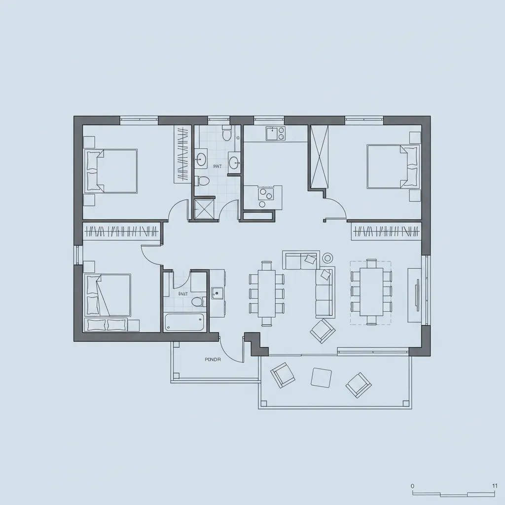 Plano arquitectónico de una casa de 150 metros cuadrados con tres dormitorios