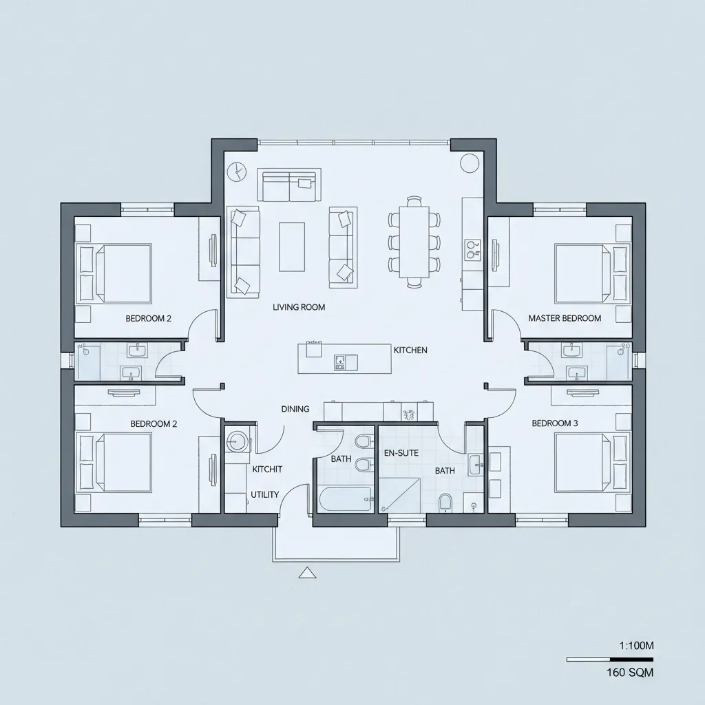 Plano arquitectónico de una casa de 160 metros cuadrados con varias habitaciones