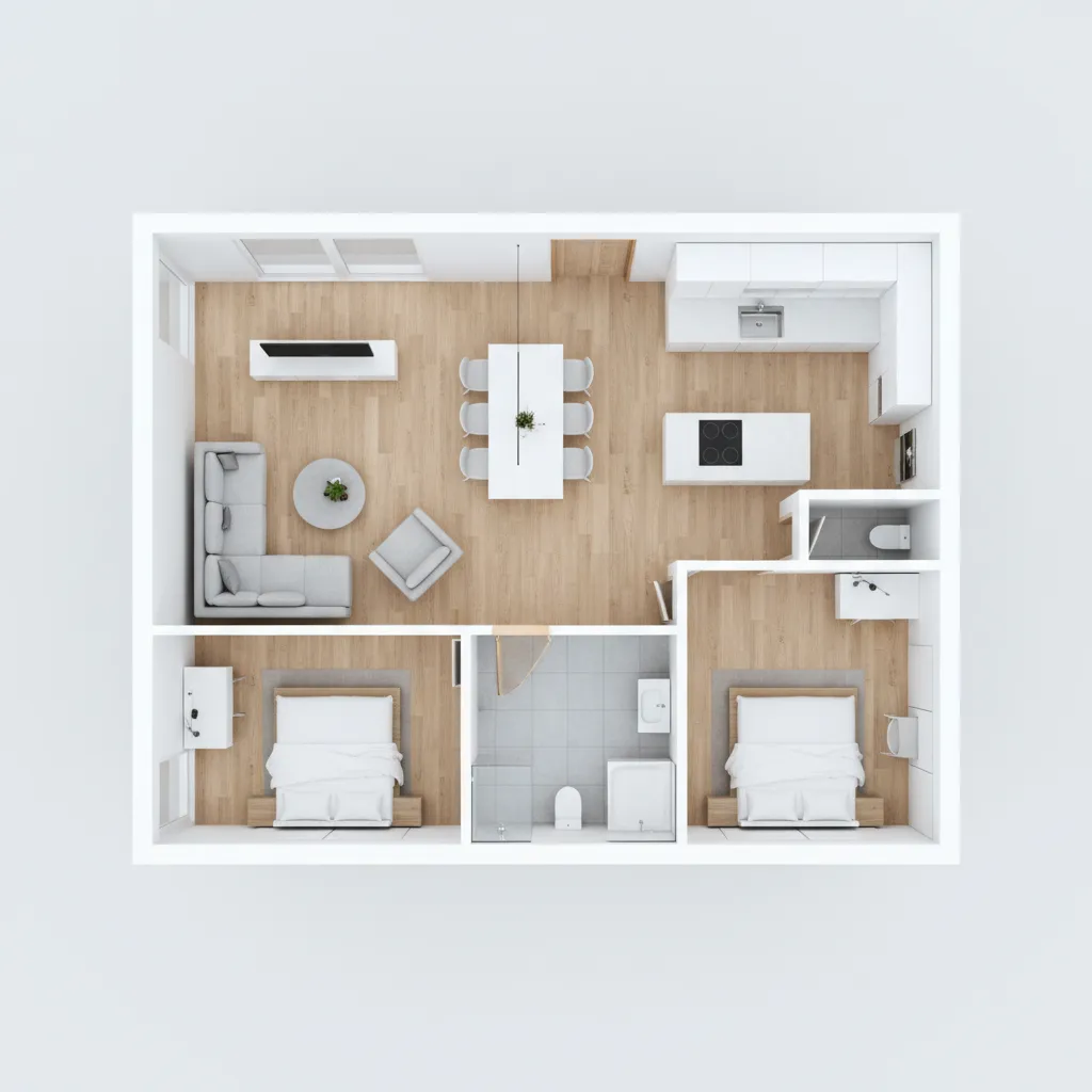 Plano de casa pequeña con dos dormitorios y un baño