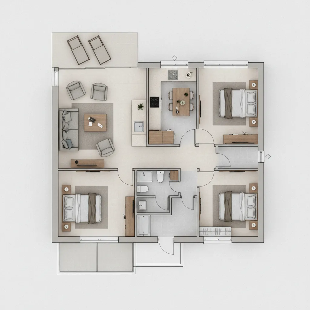 Plano arquitectónico de casa con dos habitaciones y sala integrada