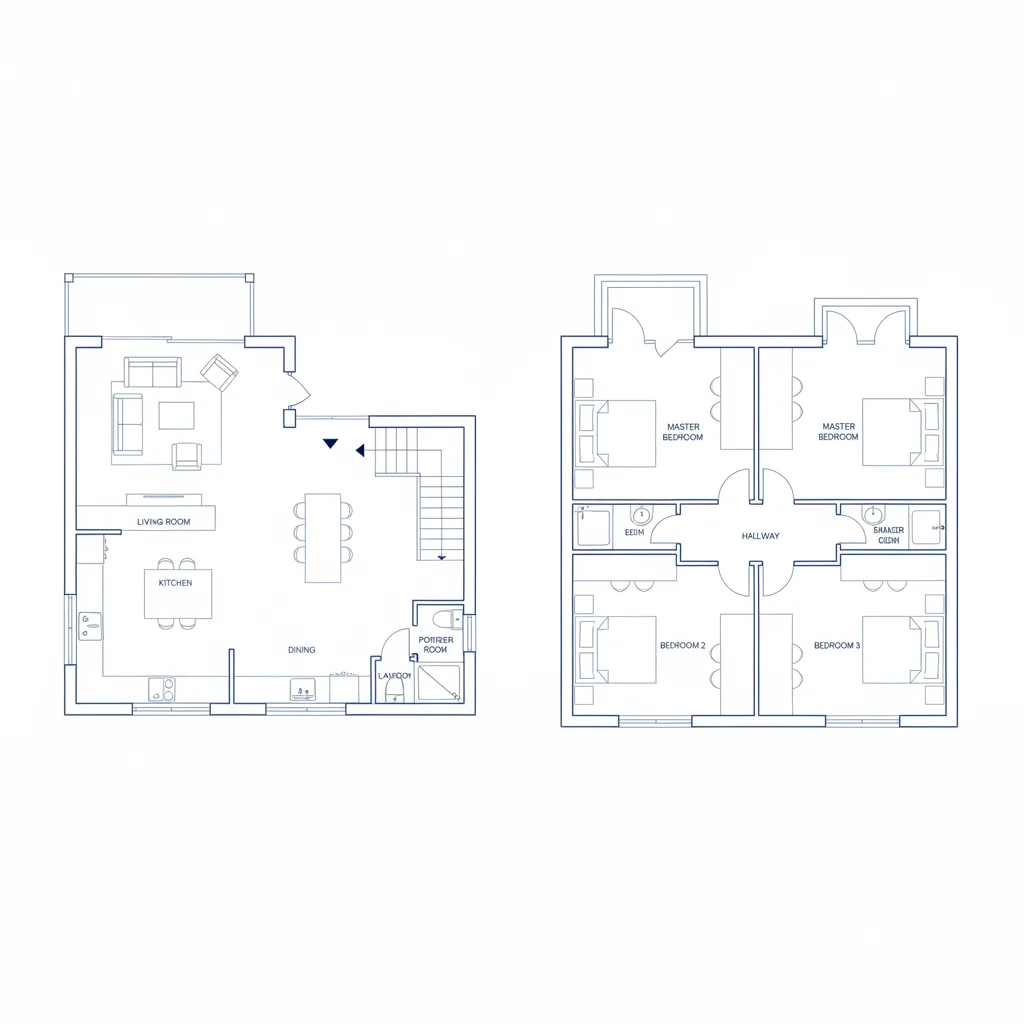 Plano arquitectónico de una casa de dos pisos con distribución clara