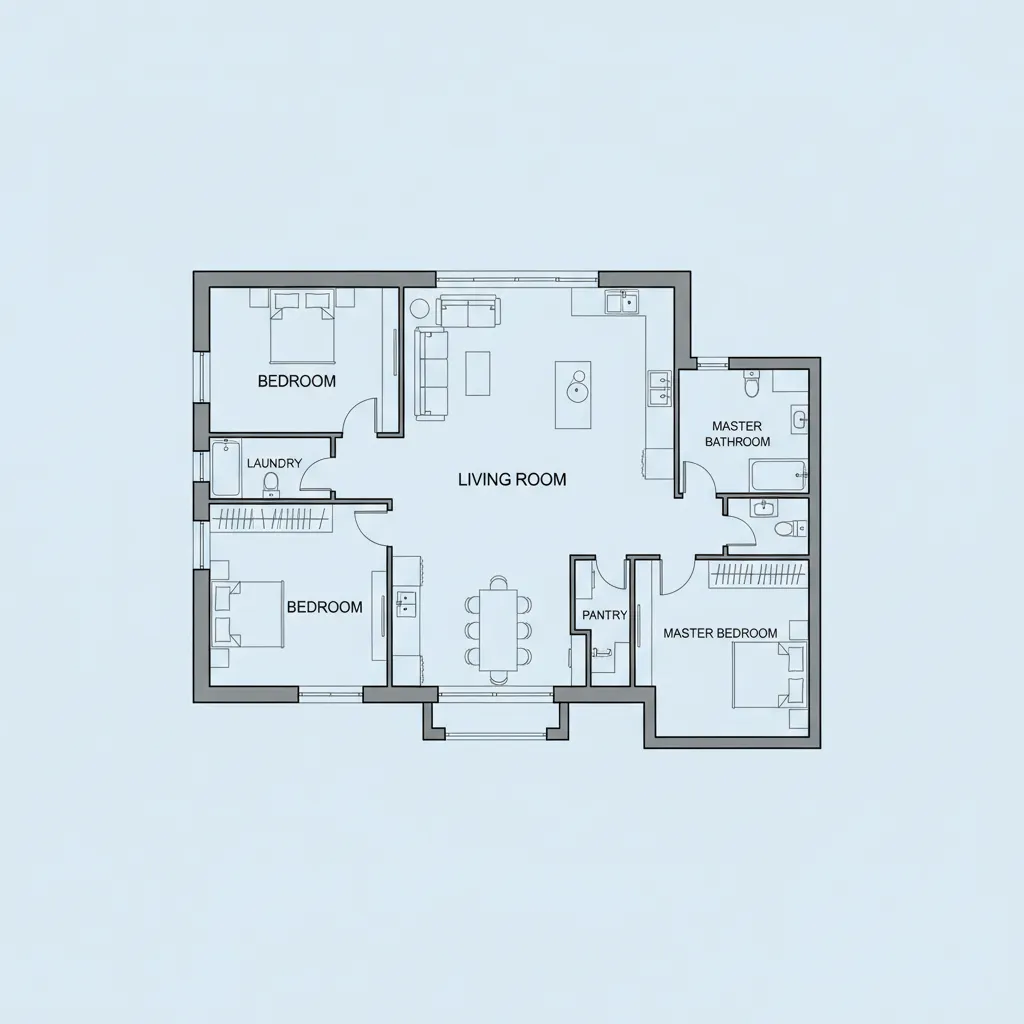 Plano arquitectónico de una casa de 200 metros cuadrados con áreas sociales y privadas