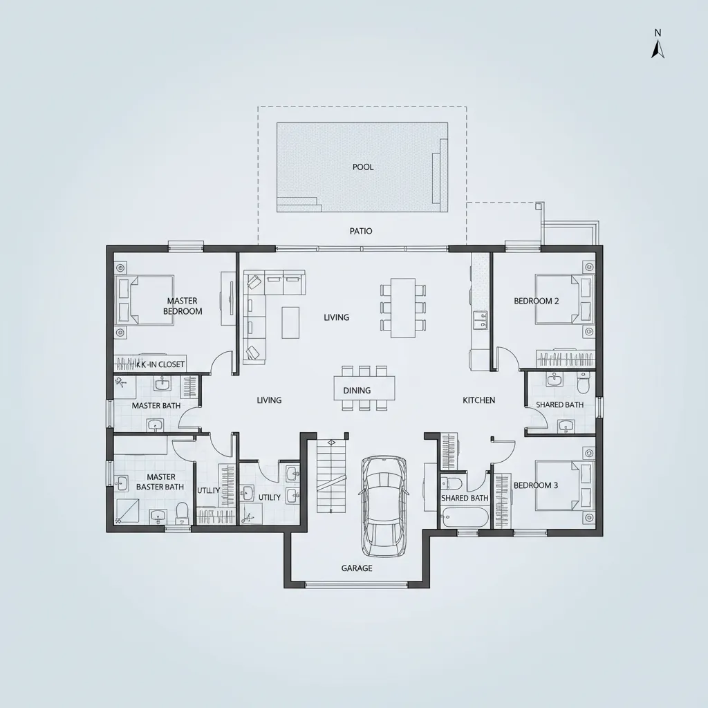 Plano arquitectónico de una casa de una planta de 200 metros cuadrados con distribución clara de espacios