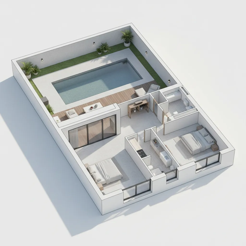 Plano arquitectónico simple de casa con piscina en parcela de 200 m²
