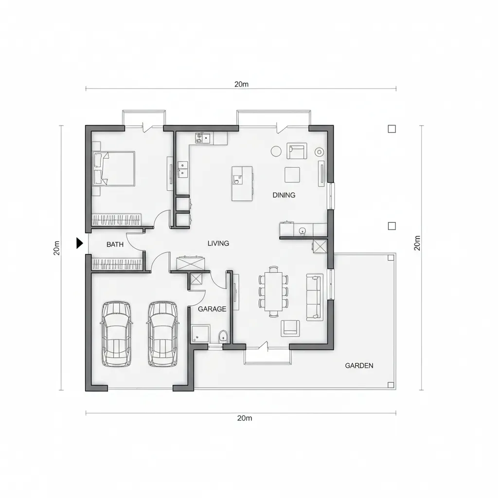 Plano arquitectónico de una casa en terreno de 20x20 con zonas diferenciadas