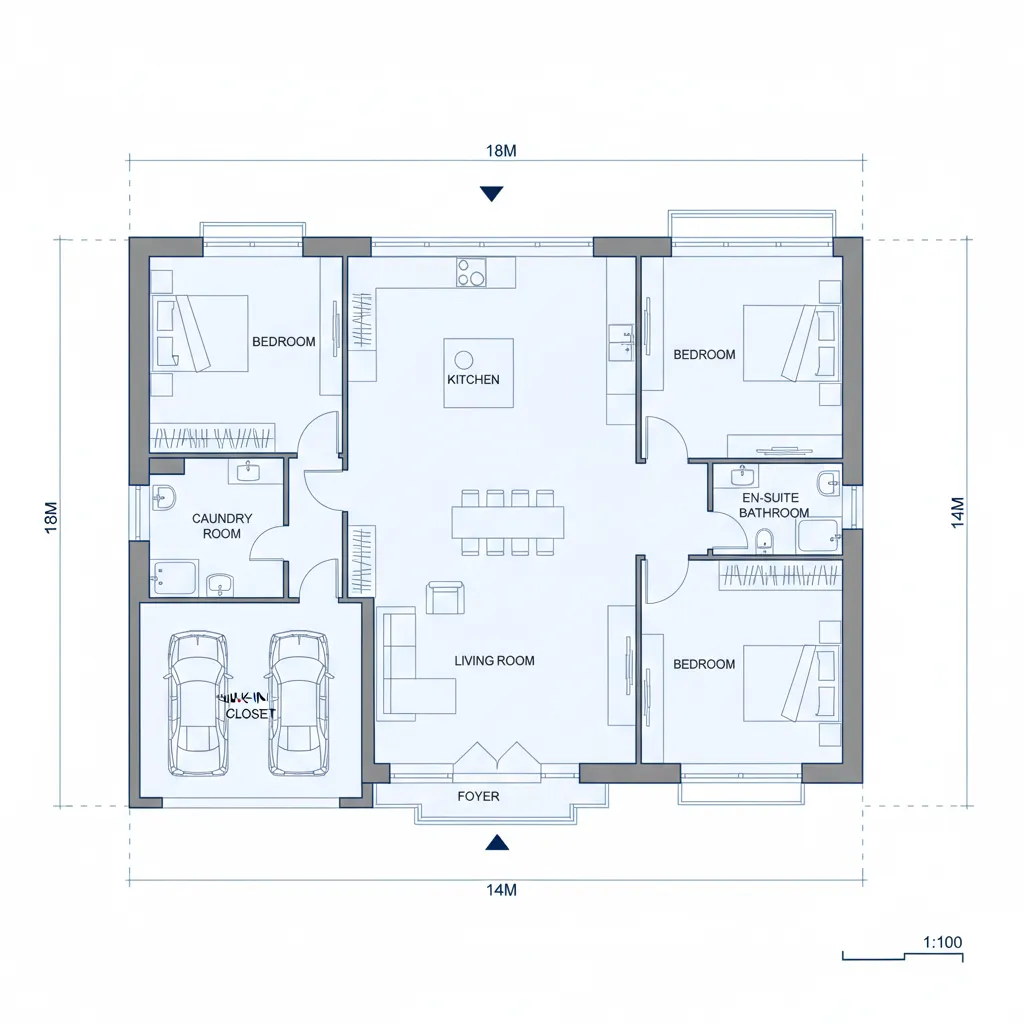 Detailed 2D house plan showing three bedrooms open kitchen living area and two car garage
