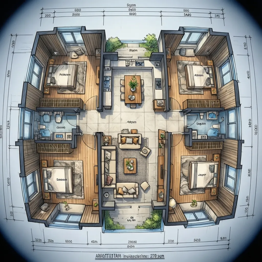 Hand drawn interior design drawing of house floor plan with four bedrooms and labeled dimensions