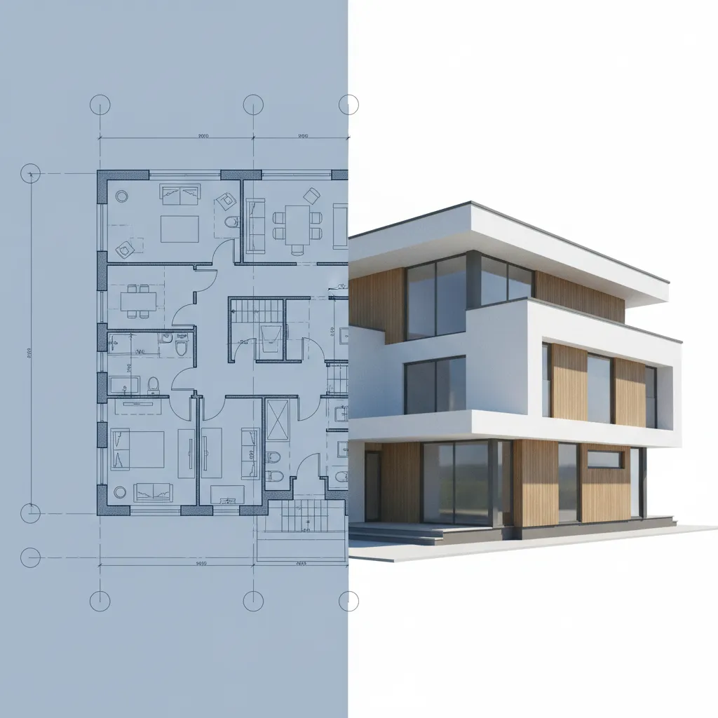 Plano arquitectónico transformándose en modelo de casa en 3D