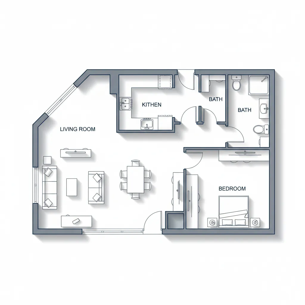 Simple 2D room layout showing living room kitchen two bathrooms one bedroom and furniture icons