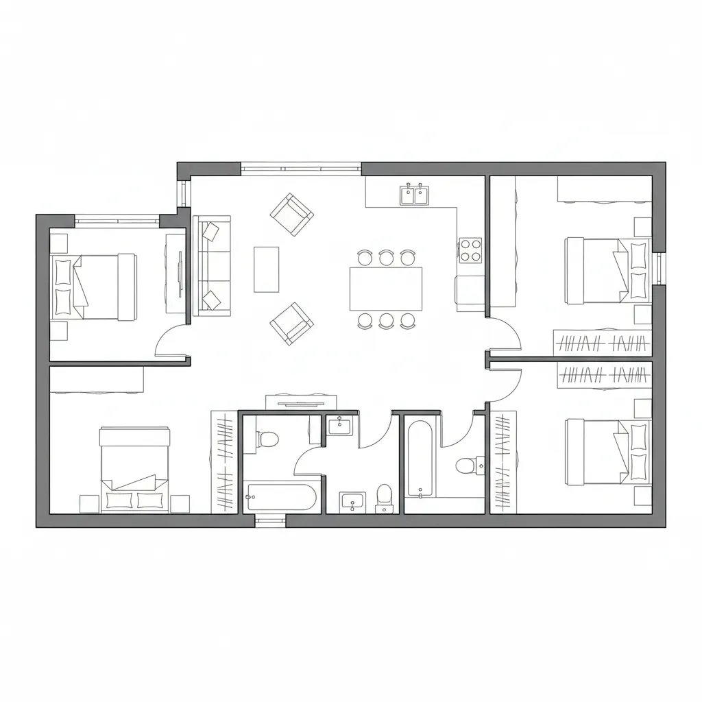 Plano 2D básico de una casa mostrando salón, cocina y dormitorios