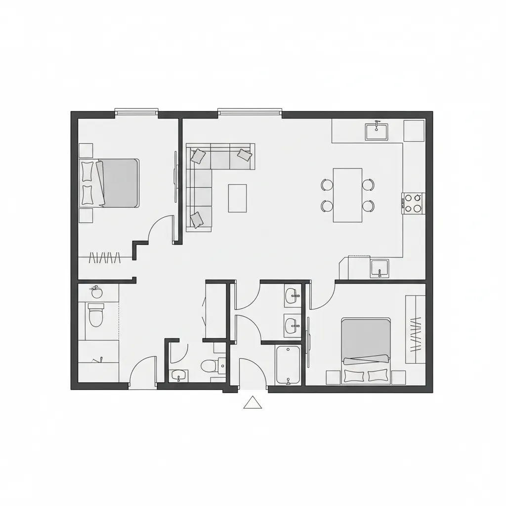 Plano 2D sencillo con salón, cocina, baño y dormitorios