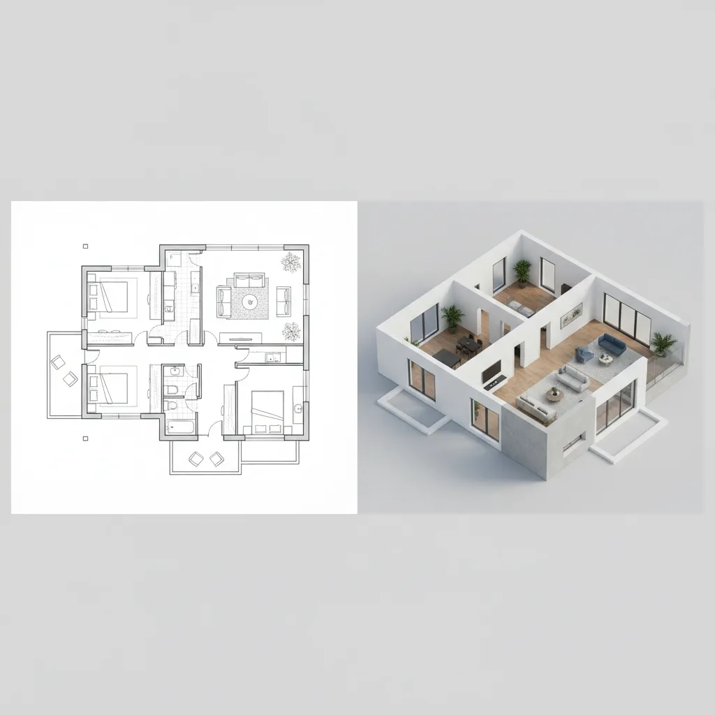 Comparación entre plano de casa 2D y visualización 3D