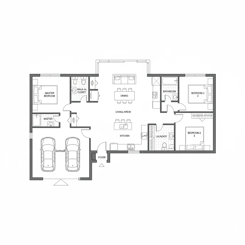 Plano arquitectónico de una casa con tres dormitorios y dos baños