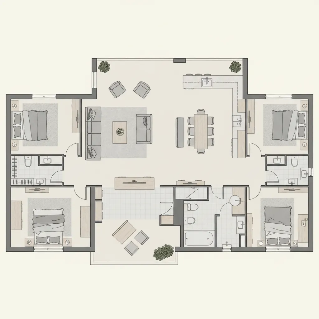 Plano de distribución de una vivienda con tres dormitorios