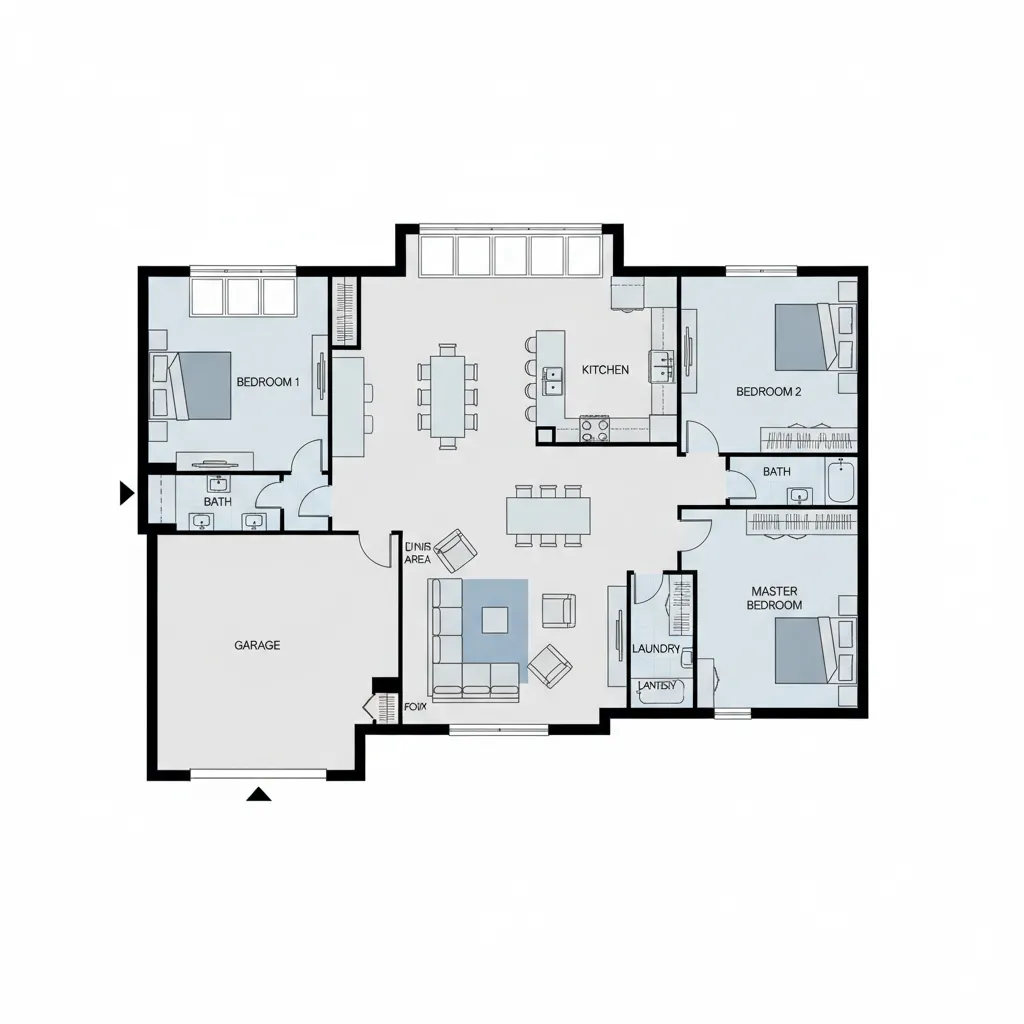 Plano arquitectónico claro de casa con tres dormitorios