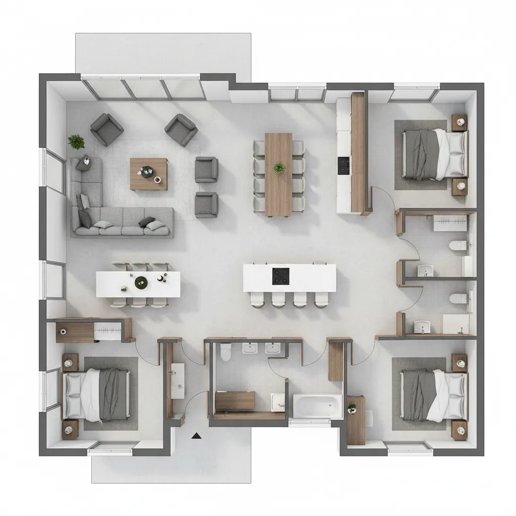 Plano arquitectónico de una casa con tres dormitorios y sala abierta