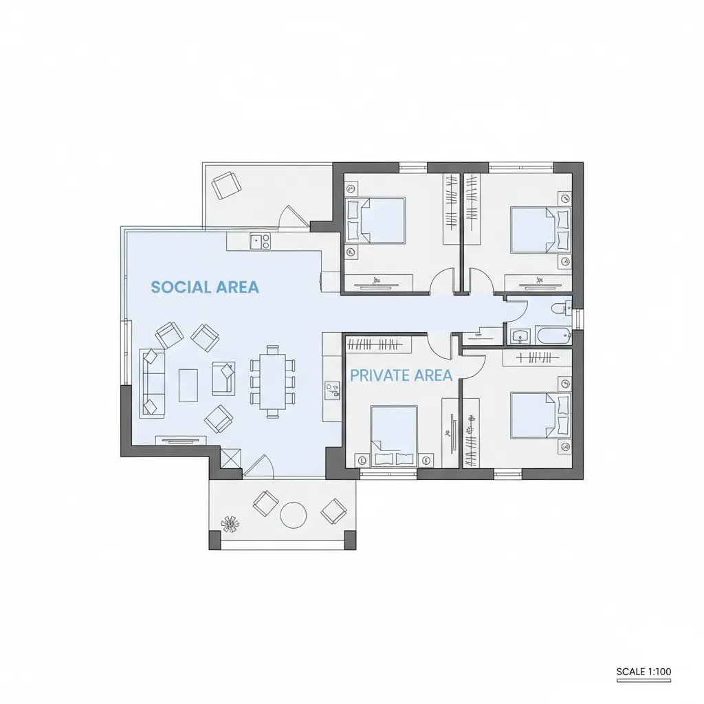 Plano arquitectónico que separa zona social y zona privada en casa de tres dormitorios