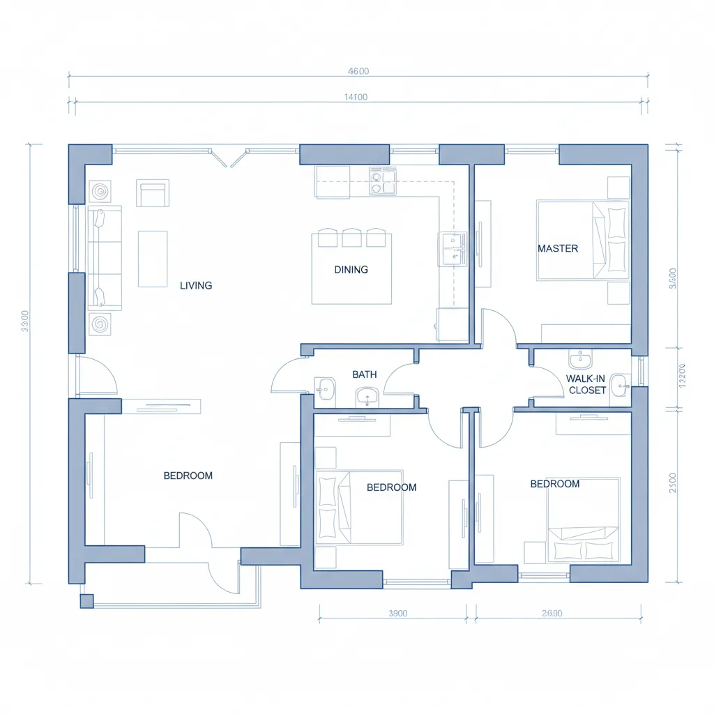 House floor plan layout showing living room dining area master bedroom two bedrooms and bathroom