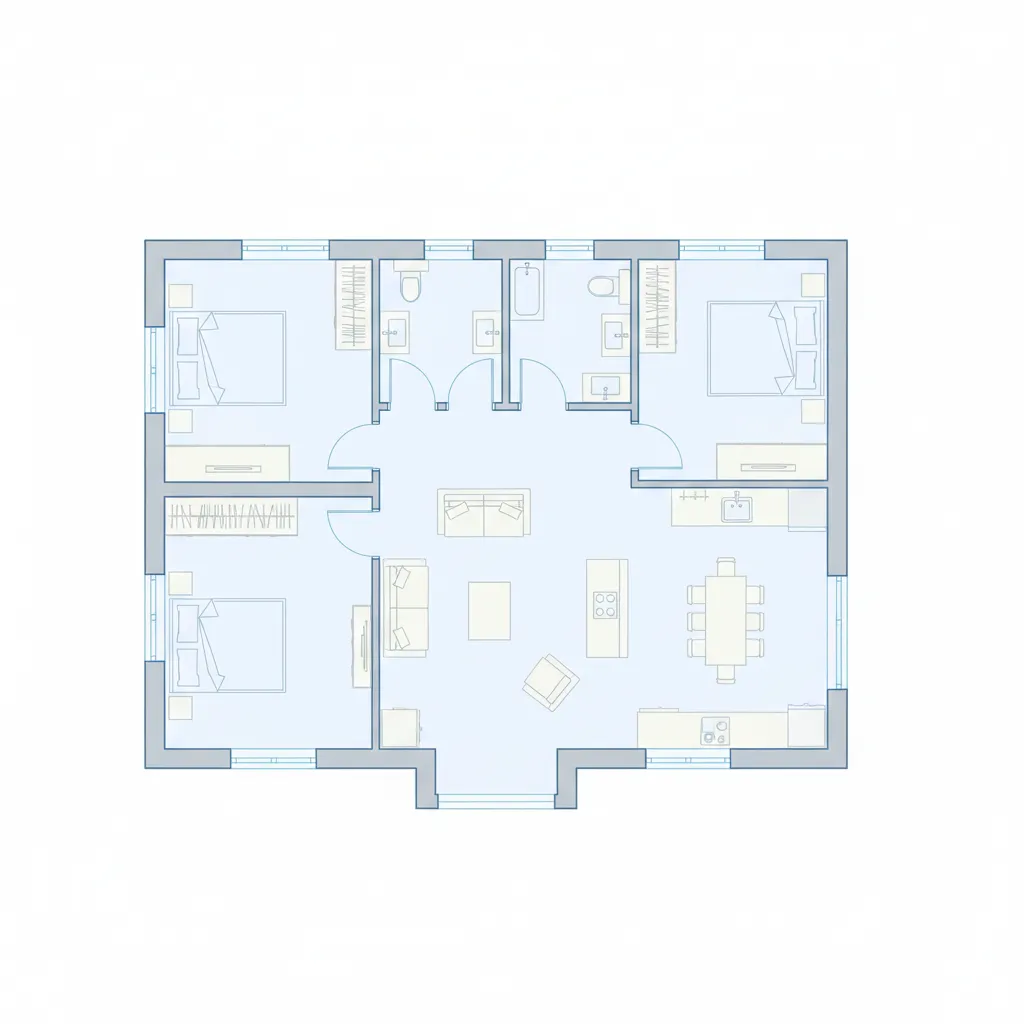 Plano arquitectónico de casa de una planta con tres dormitorios