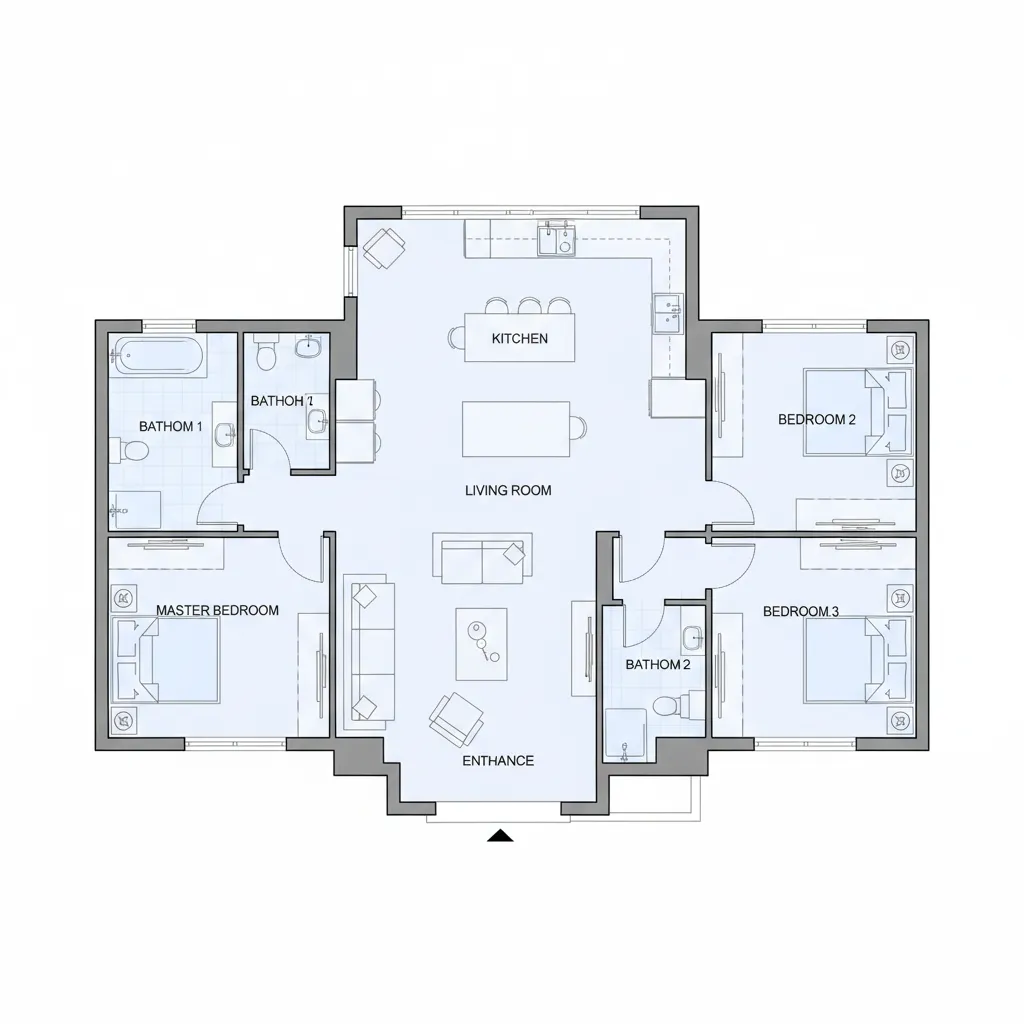 Plano arquitectónico simple de casa con tres dormitorios