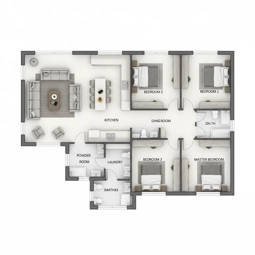 Plano arquitectónico de una casa con tres habitaciones