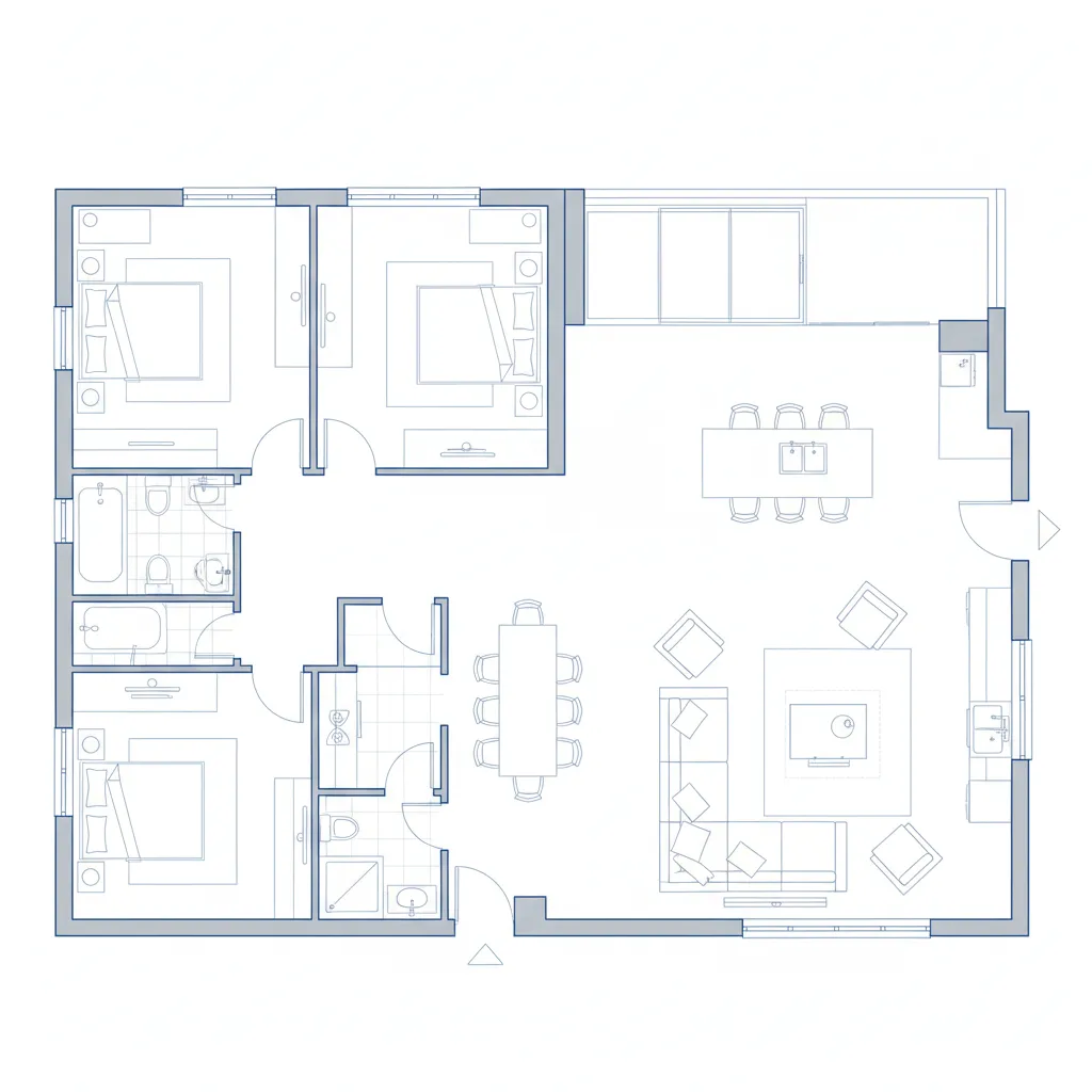 Plano arquitectónico de una casa de tres habitaciones con sala y cocina abiertas