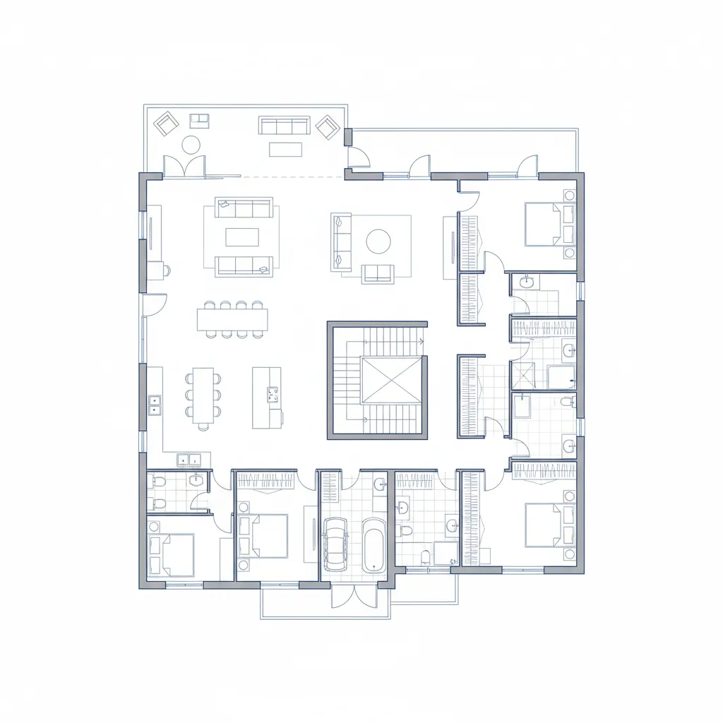 Plano arquitectónico de una casa de tres pisos con distribución clara