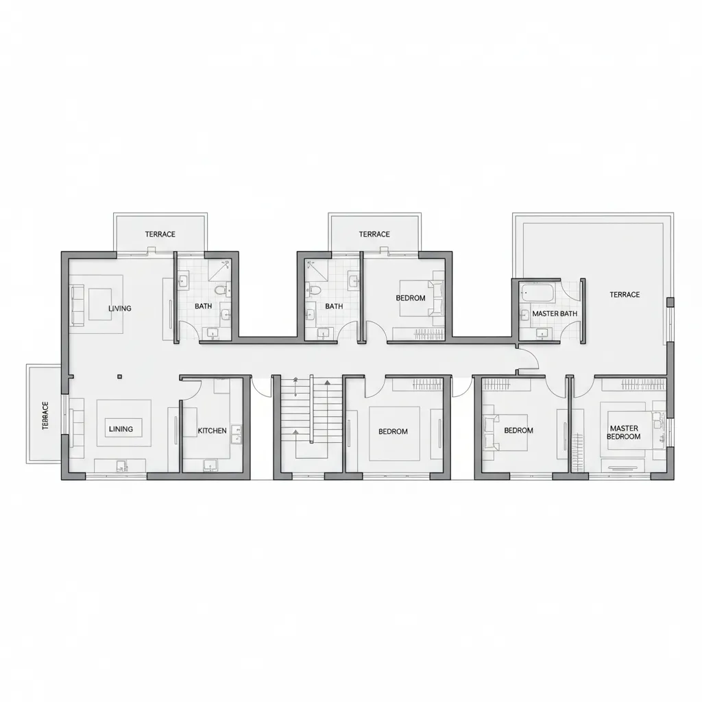 Plano arquitectónico que muestra la distribución de una casa de tres pisos