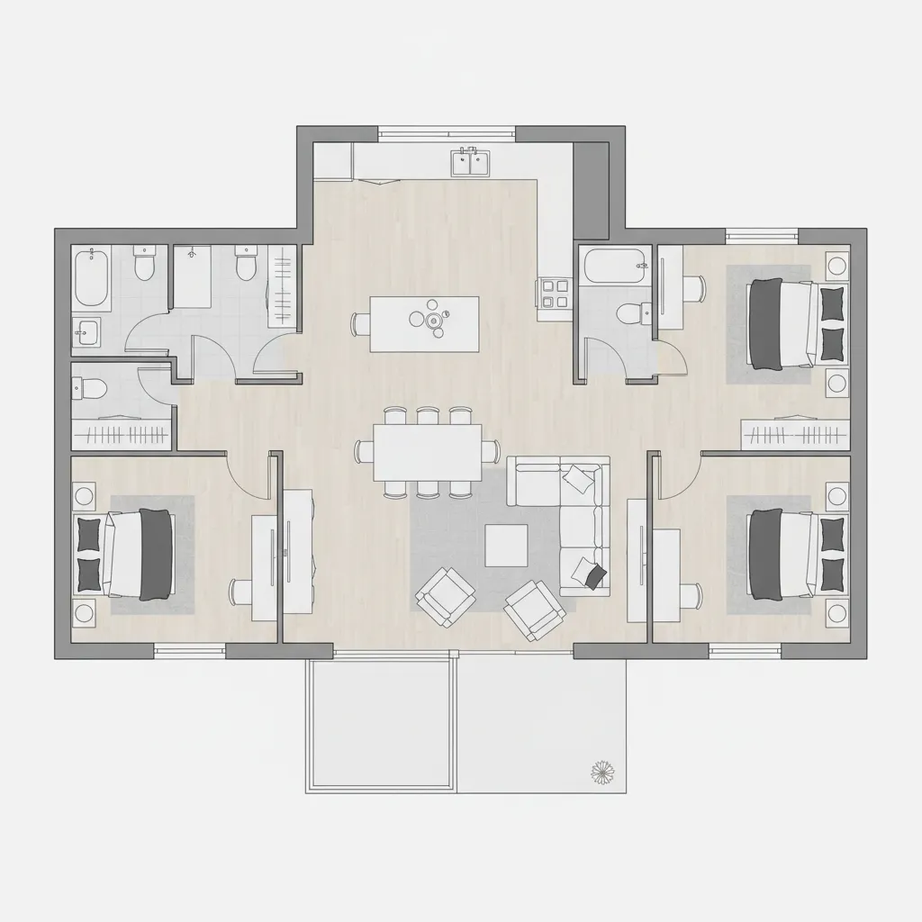 Simple 2D floor plan showing three bedrooms three bathrooms living room dining area and kitchen