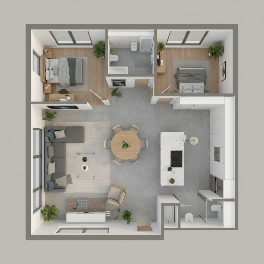 Visualización 3D de un plano de casa con muebles y distribución clara