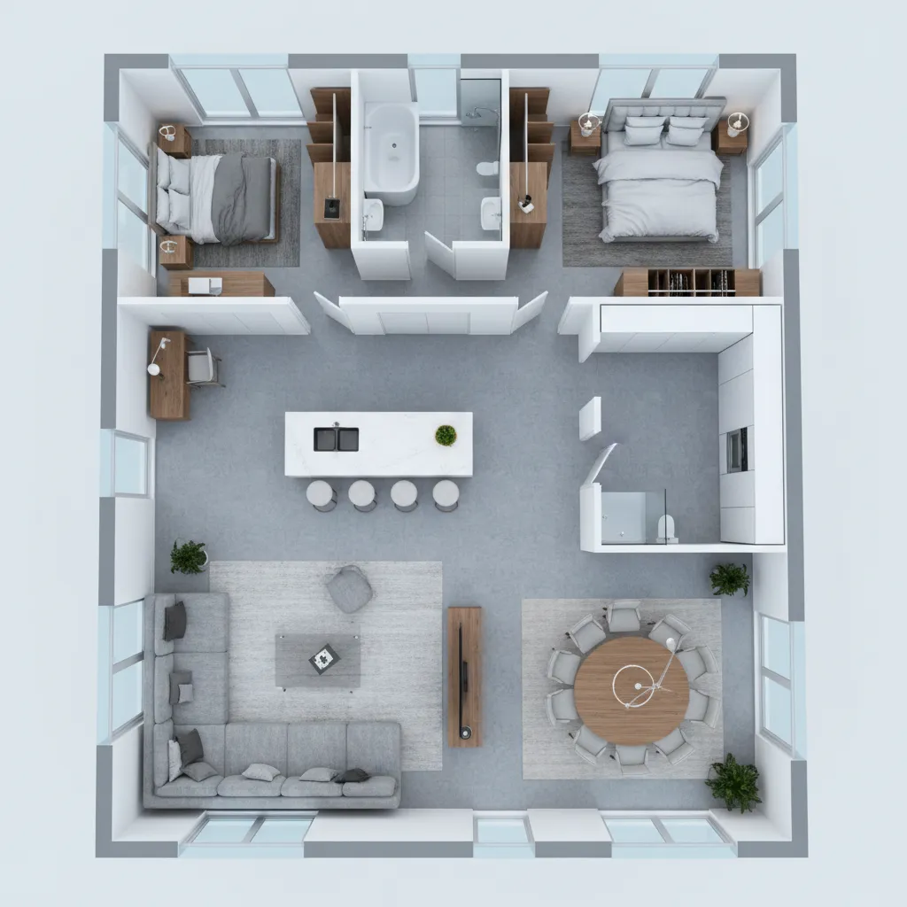 Plano de casa en 3D con distribución de habitaciones
