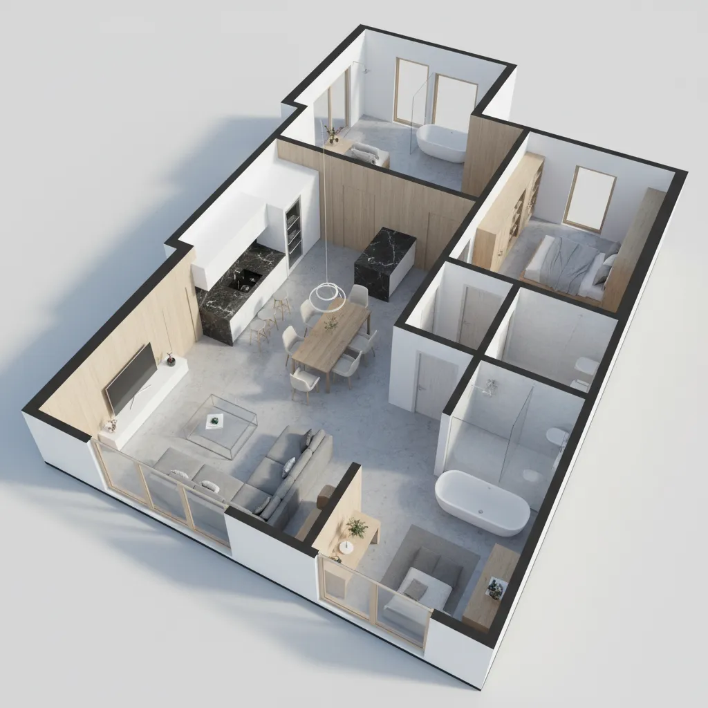 Plano 3D de una vivienda mostrando distribución de habitaciones