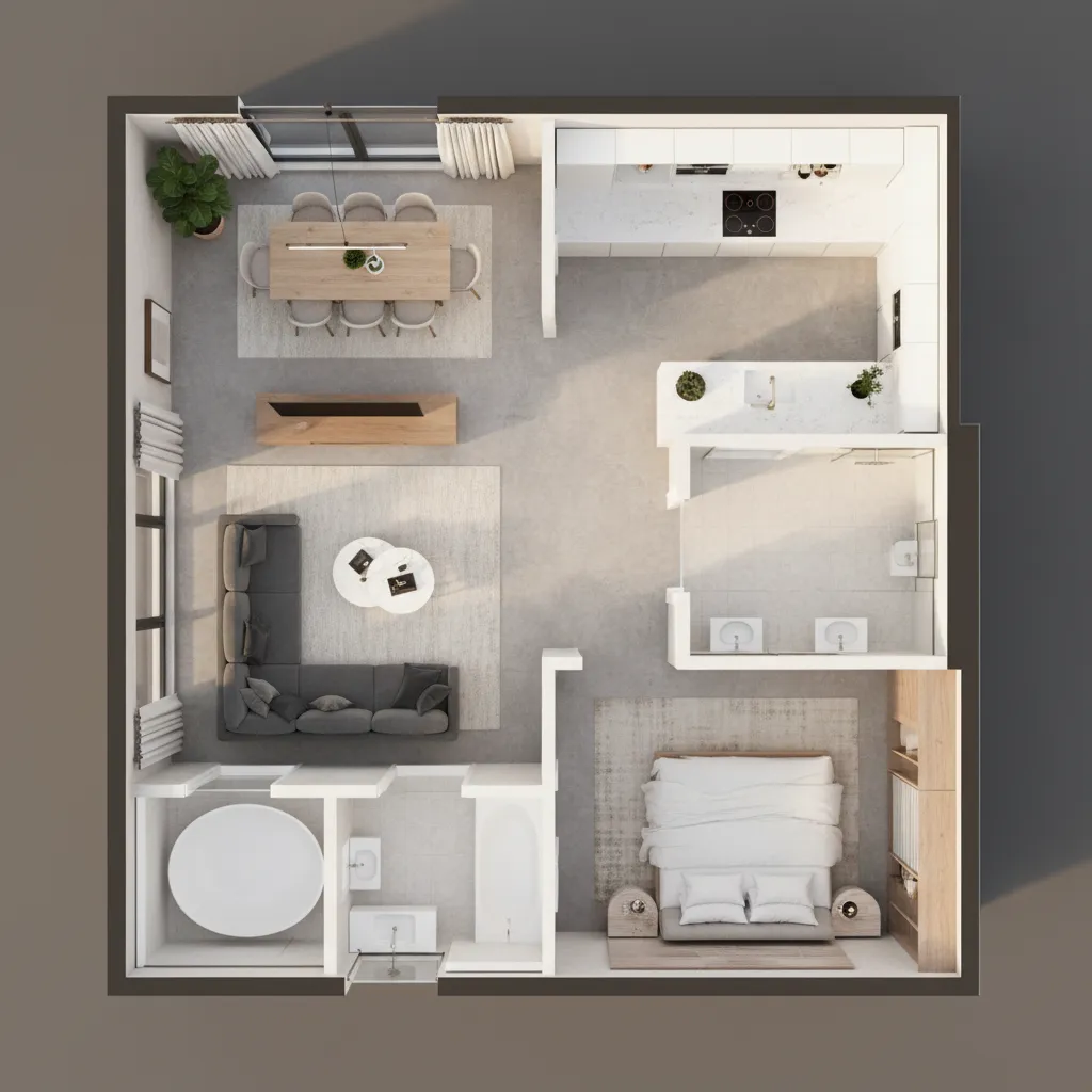 Visualización 3D de un plano de vivienda con muebles y paredes