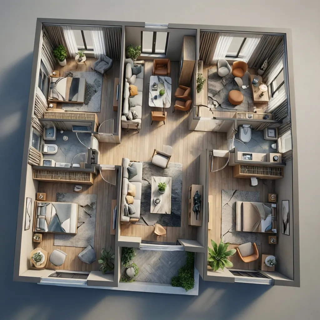 Plano 3D de una vivienda mostrando distribución de habitaciones