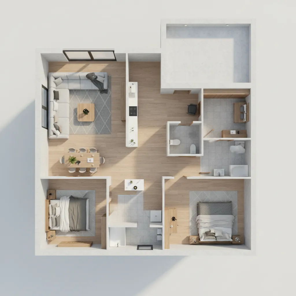 Top view interior design drawing showing a two bedroom apartment layout with living room and furniture