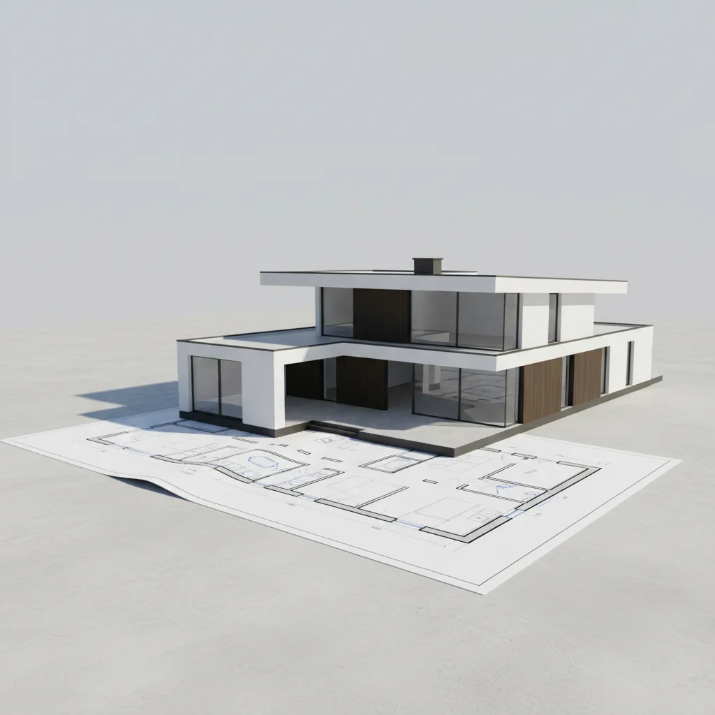 Modern white house interior design drawing model with glass windows on room layout floor plan