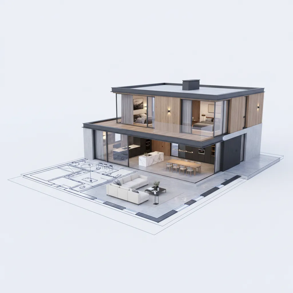 Plano digital de vivienda transformándose en modelo 3D