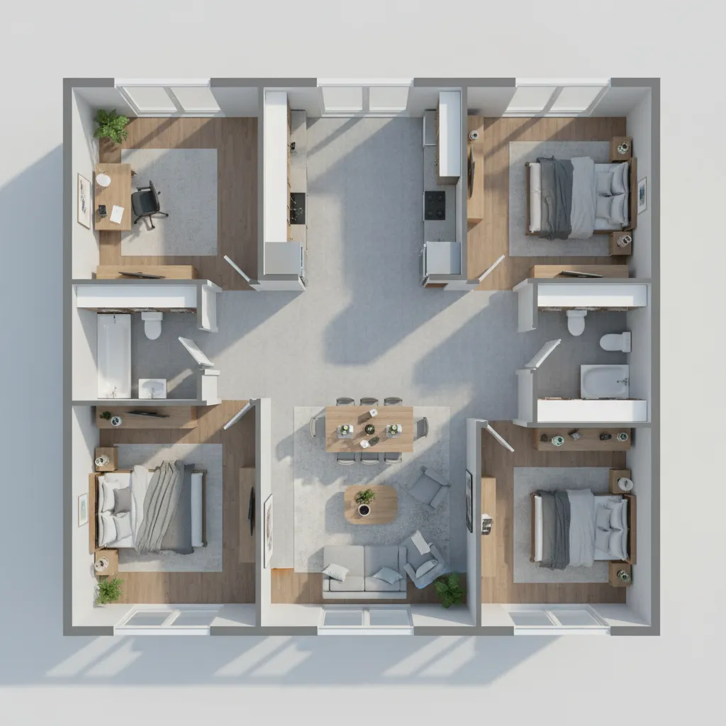 Plano de casa en 3D con varias habitaciones y muebles
