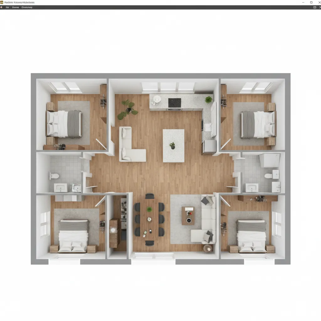 Plano 3D de distribución de una casa moderna