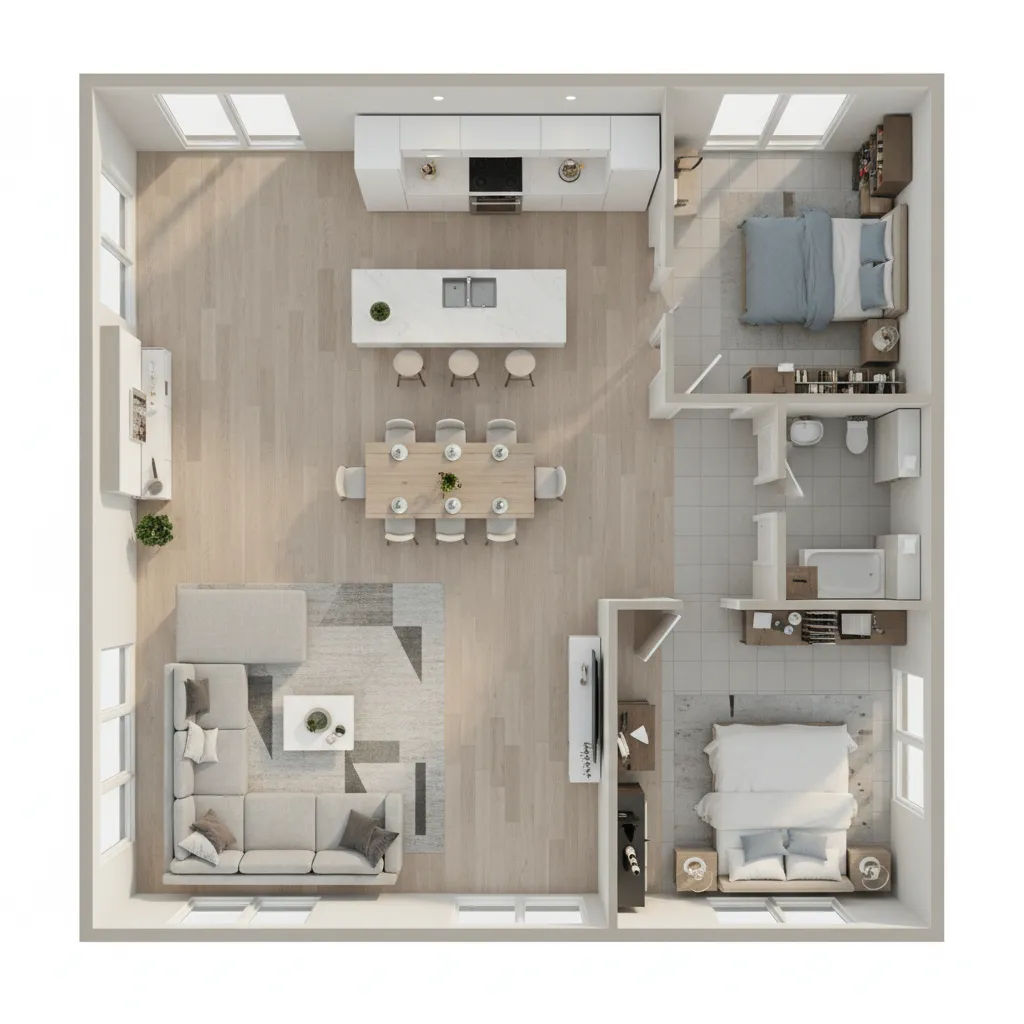 Plano de casa en 3D con distribución de salón, cocina y comedor