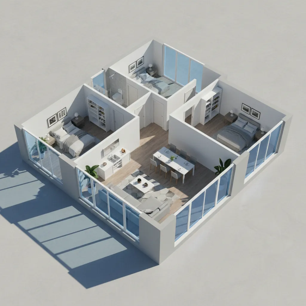 Visualización 3D de plano de casa mostrando distribución estructural