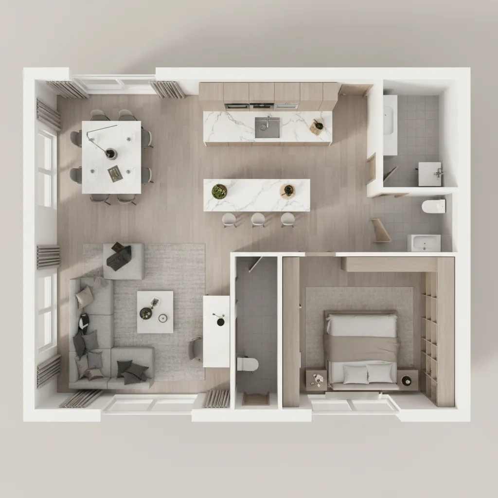 plano de vivienda en 3D con distribución de habitaciones