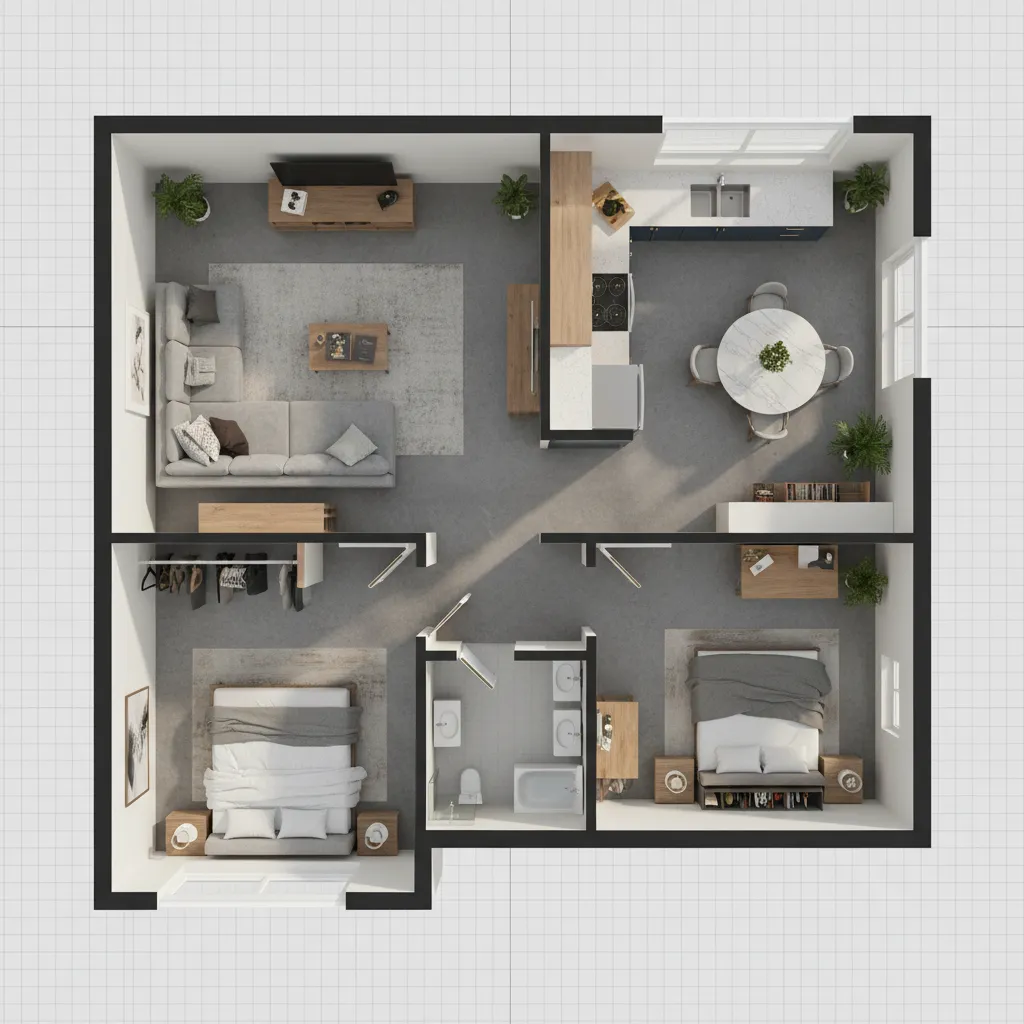 Plano completo de una vivienda visualizado en 3D